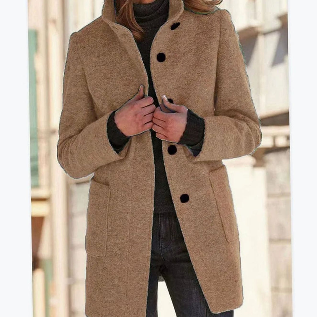 Women's Elegant Wool-Blend Button-Up Winter Coat - Camel