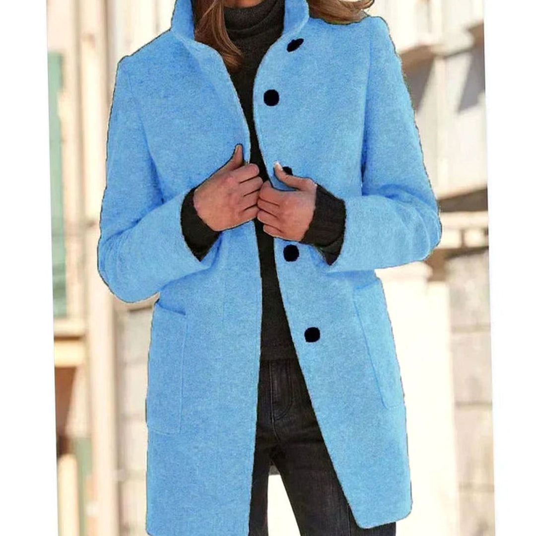 Women's Elegant Wool-Blend Button-Up Winter Coat - Light Blue