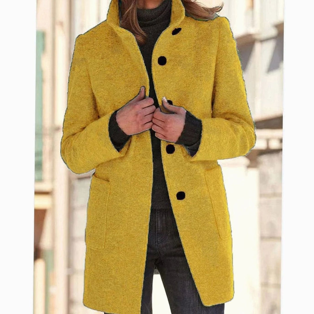 Women's Elegant Wool-Blend Button-Up Winter Coat - Yellow