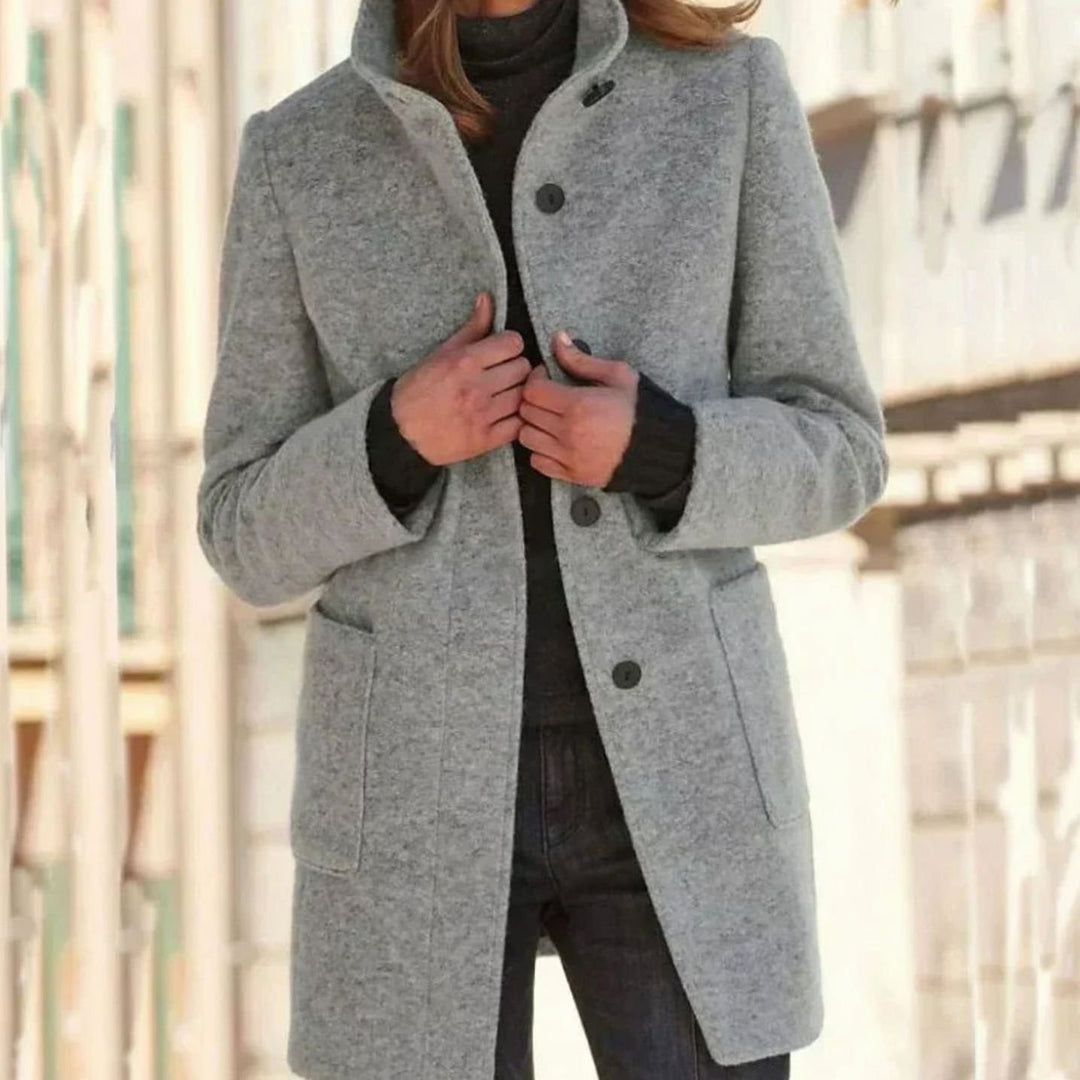 Women's Elegant Wool-Blend Button-Up Winter Coat - Gray