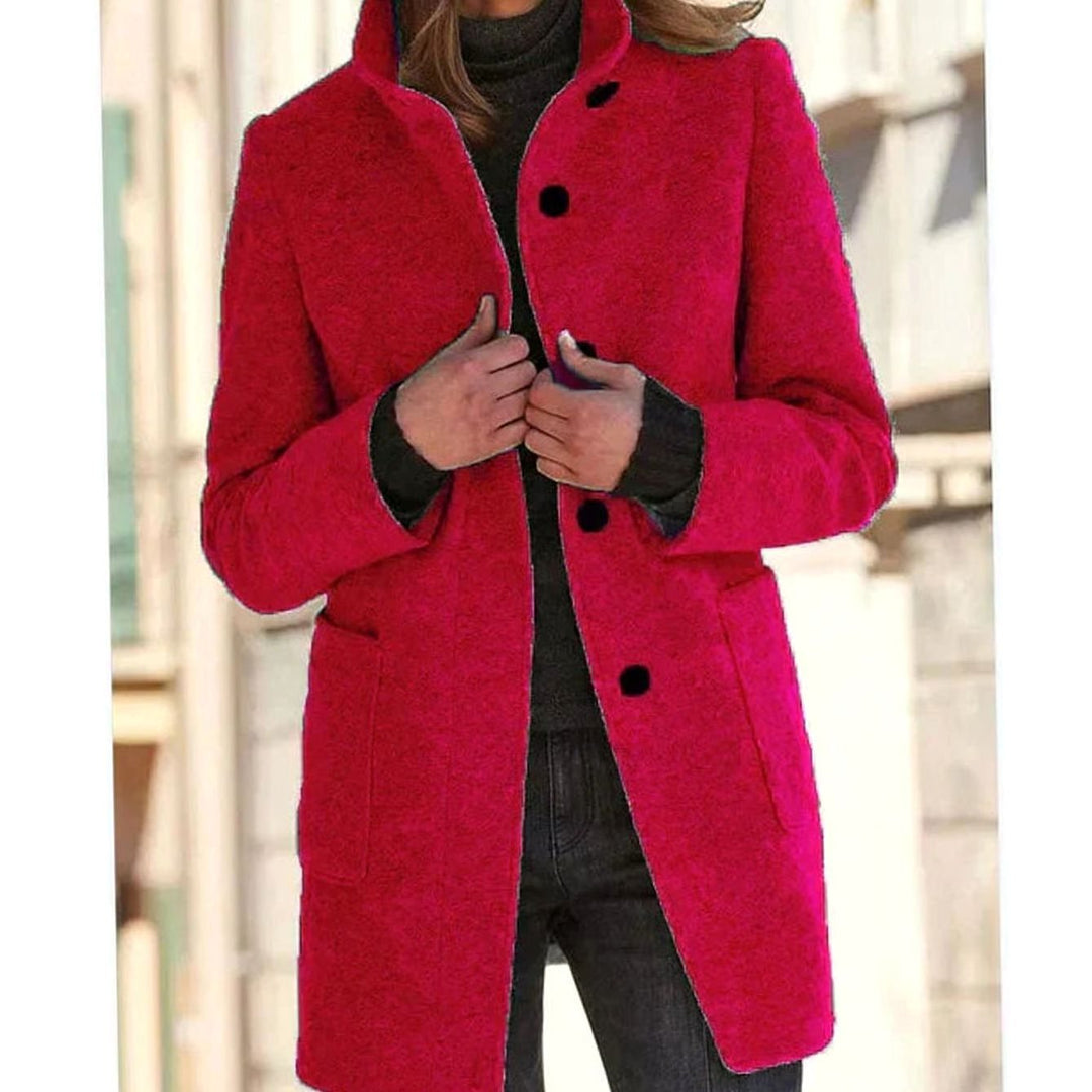 Women's Elegant Wool-Blend Button-Up Winter Coat - Red