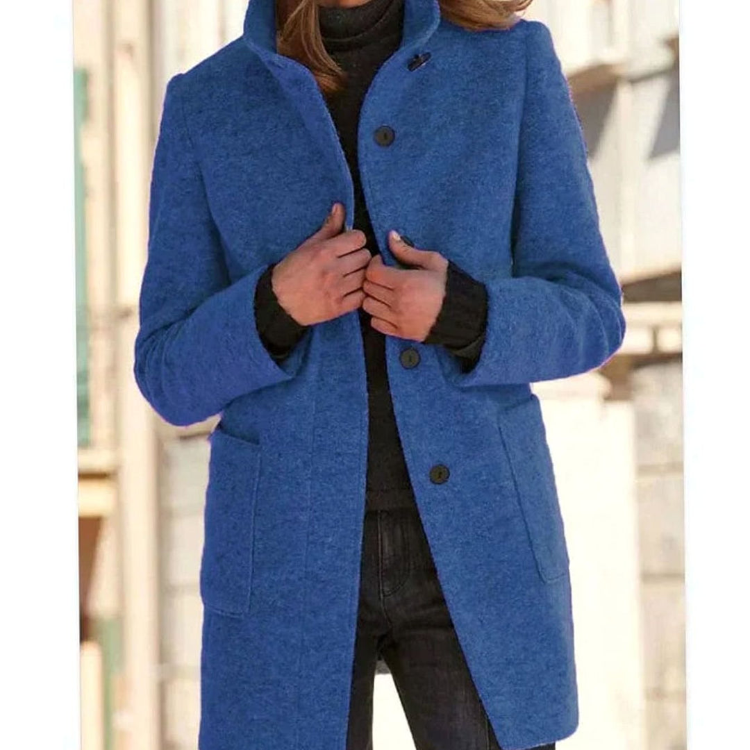 Women's Elegant Wool-Blend Button-Up Winter Coat - Blue