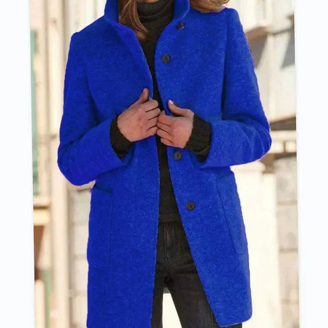 Women's Elegant Wool-Blend Button-Up Winter Coat - Dark Blue