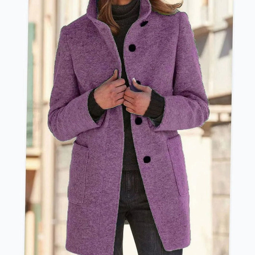 Women's Elegant Wool-Blend Button-Up Winter Coat - Purple