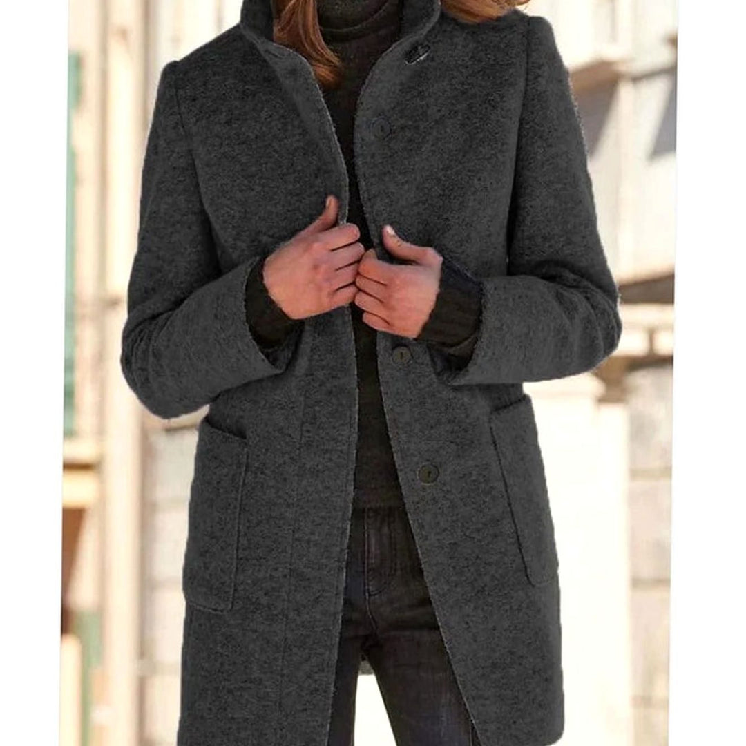 Women's Elegant Wool-Blend Button-Up Winter Coat - Black