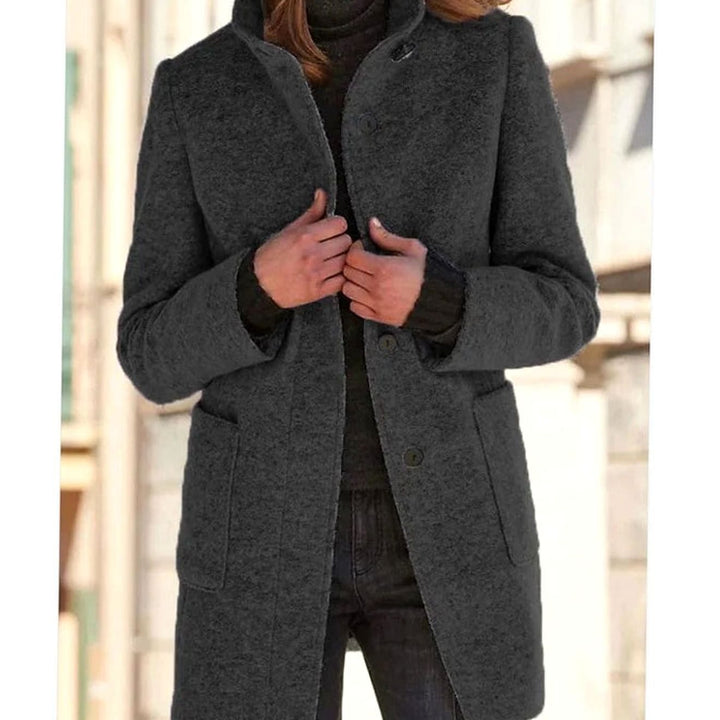Women's Elegant Wool-Blend Button-Up Winter Coat - Black