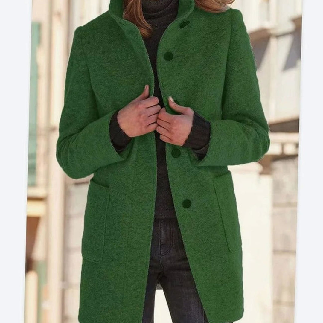 Women's Elegant Wool-Blend Button-Up Winter Coat - Green