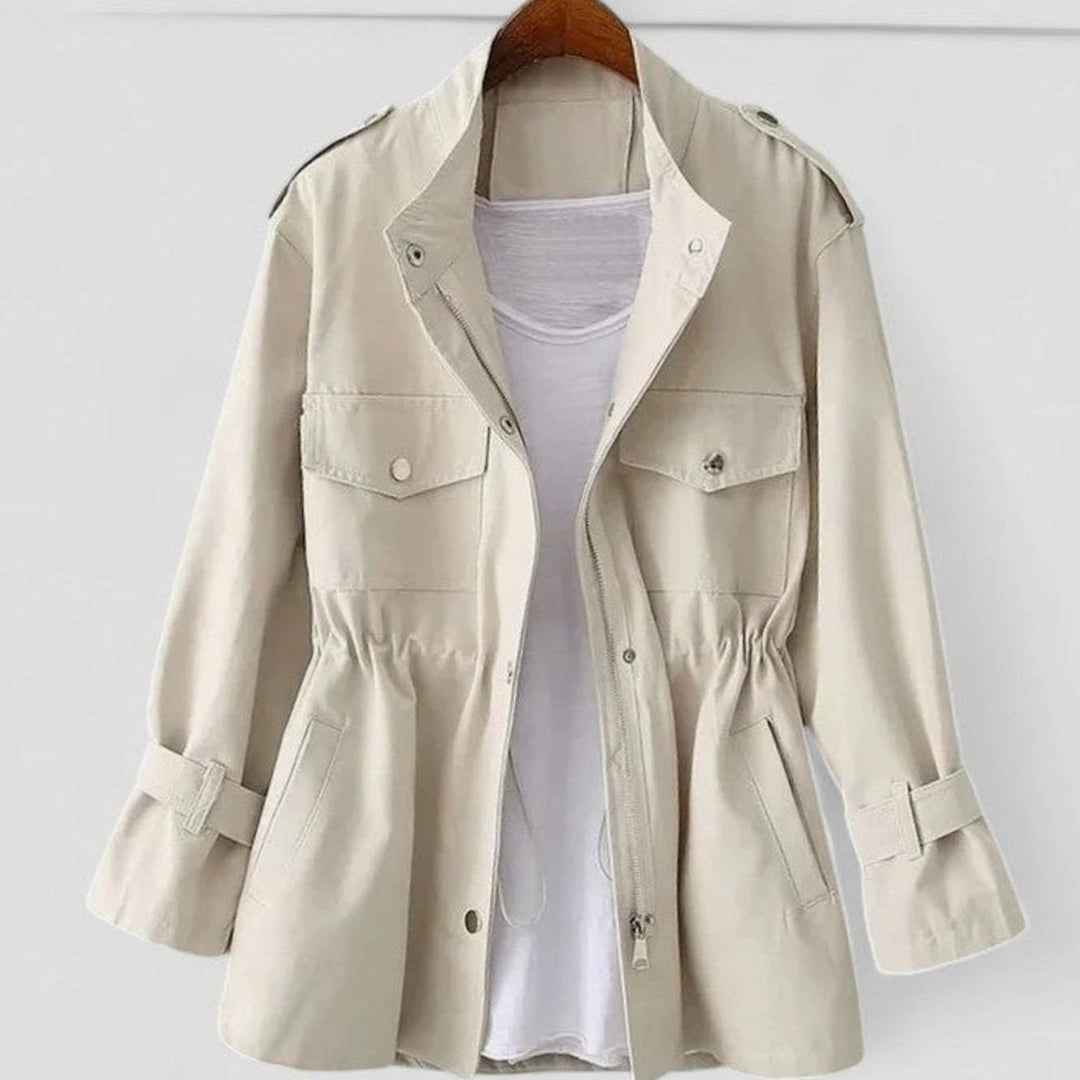 Women's Elegant Zip-Up Utility Jacket Drawstring Waist - Cream