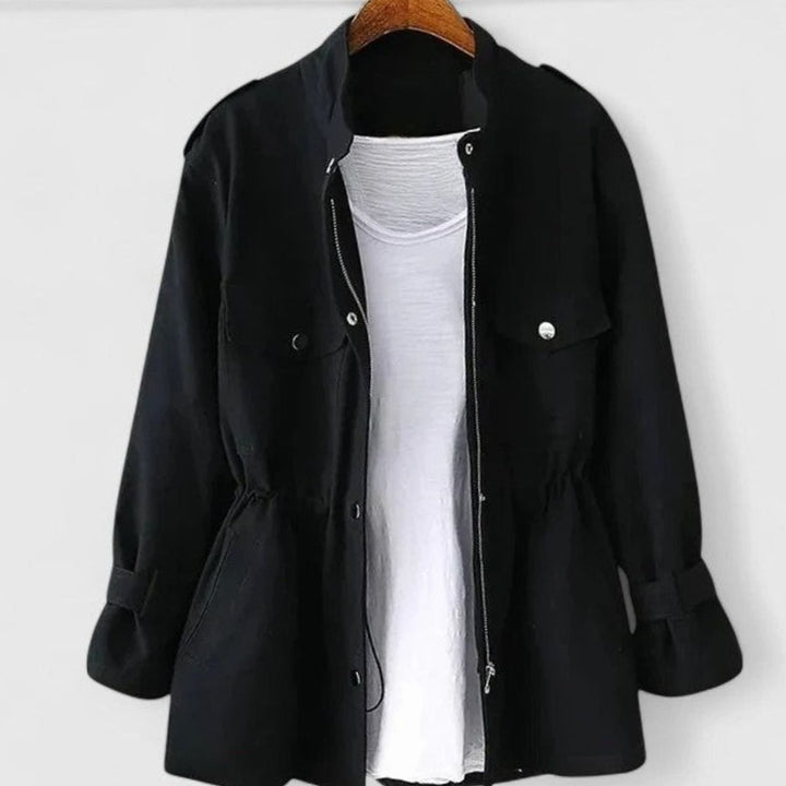 Women's Elegant Zip-Up Utility Jacket Drawstring Waist - Black