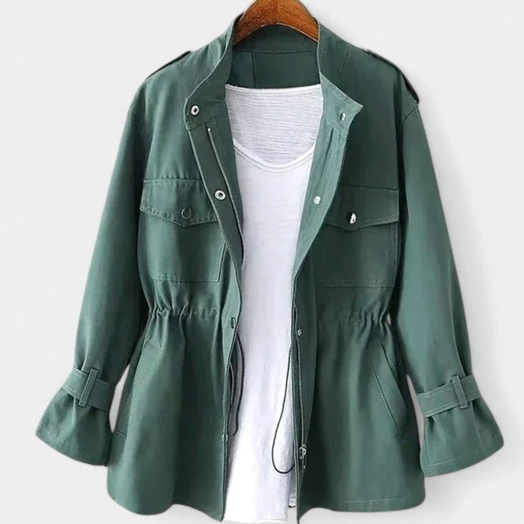 Women's Elegant Zip-Up Utility Jacket Drawstring Waist - Green