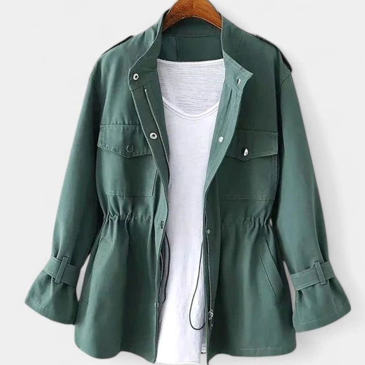 Women's Elegant Zip-Up Utility Jacket Drawstring Waist - Green
