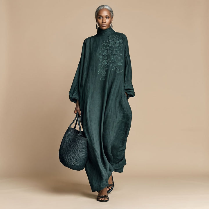 Women's Embroidered High-Neck Linen Relaxed Maxi Dress