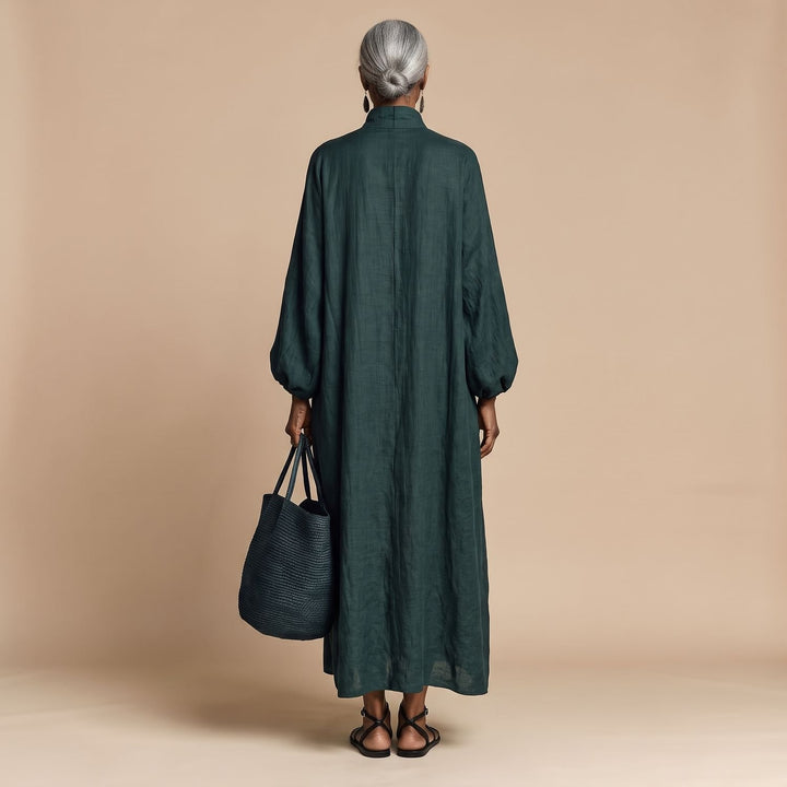 Women's Embroidered High-Neck Linen Relaxed Maxi Dress