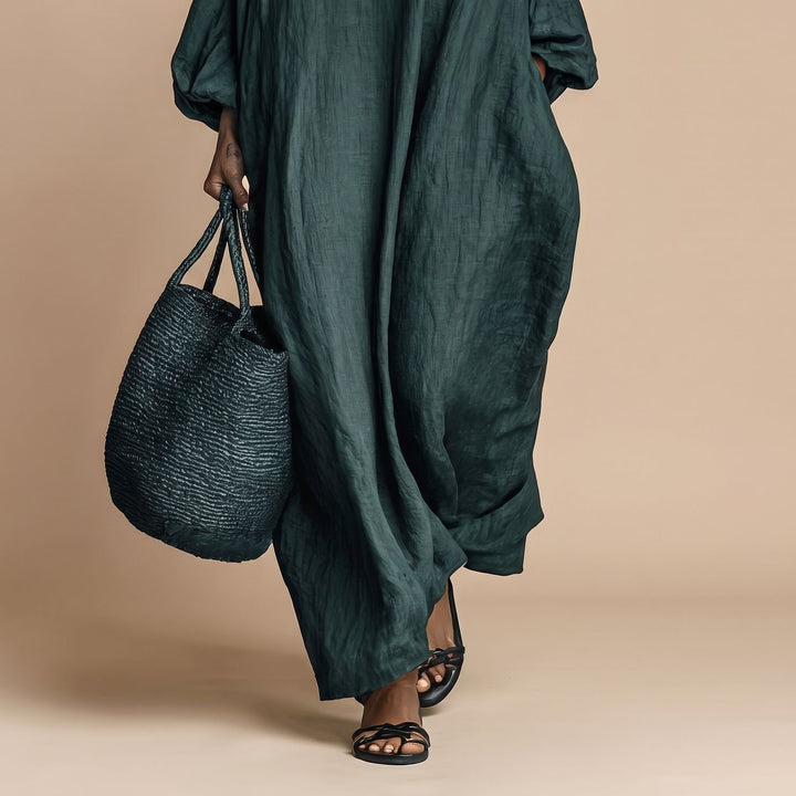 Women's Embroidered High-Neck Linen Relaxed Maxi Dress