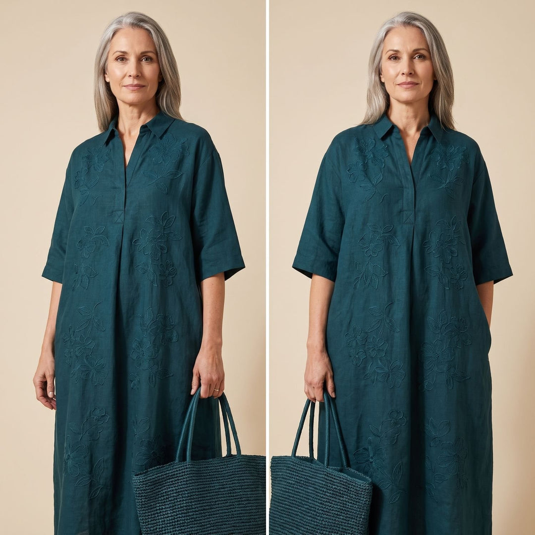 Women's Embroidered High-Neck Linen Relaxed Maxi Dress