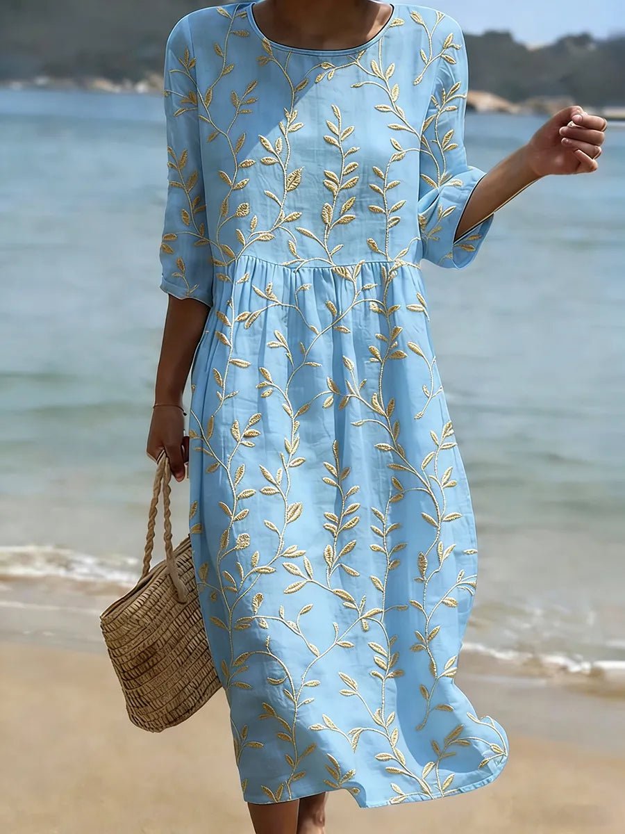 Women's Embroidered Leaf-Print Midi Party Dress Round Neck - Blue