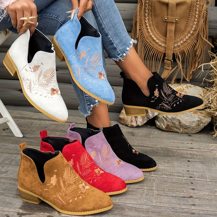 Women's Embroidered Low-Heel Pointed-Toe Ankle Boots