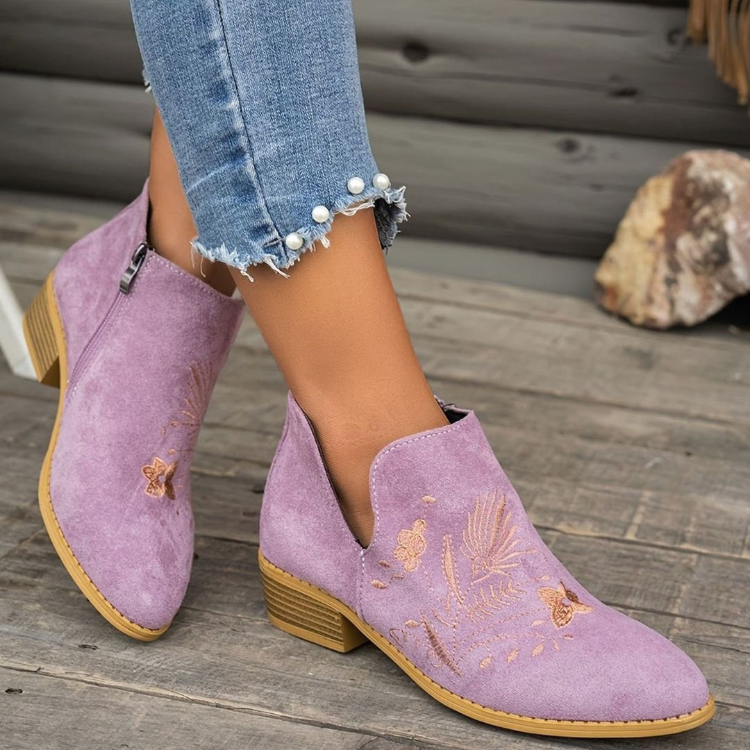 Women's Embroidered Low-Heel Pointed-Toe Ankle Boots
