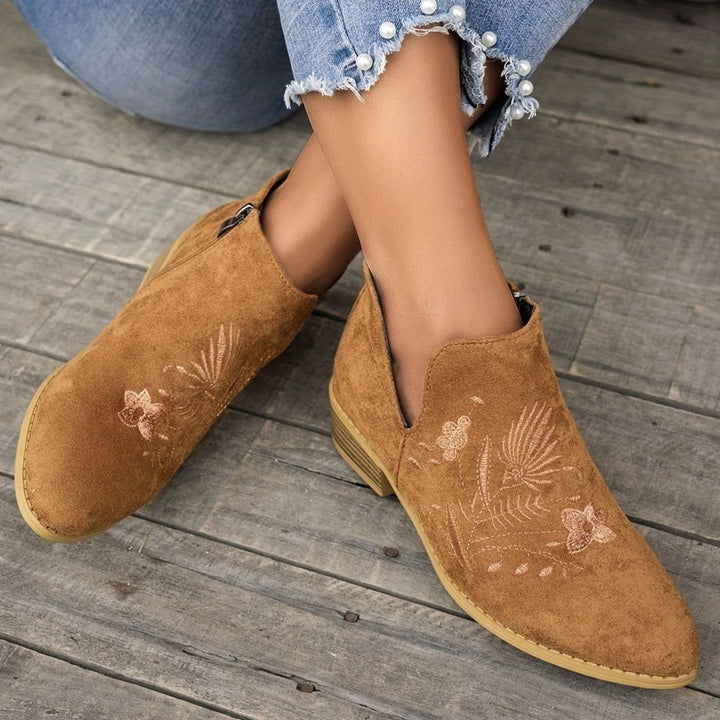 Women's Embroidered Low-Heel Pointed-Toe Ankle Boots