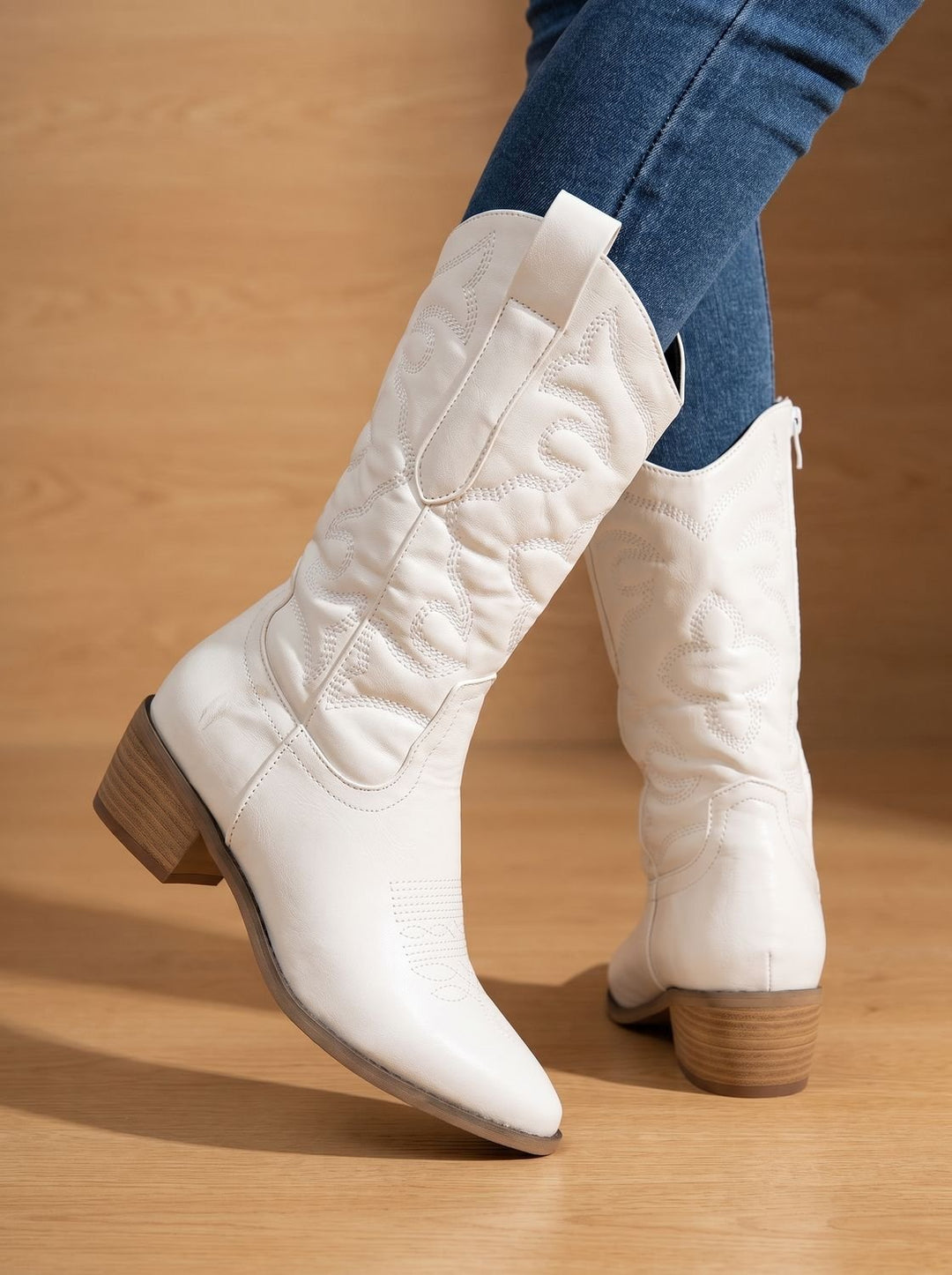Women's Embroidered Mid-Calf Western Cowgirl Boots - White