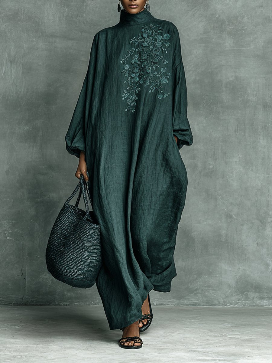 Women's Embroidered Mock-Neck Flowy Linen Long Sleeve Dress