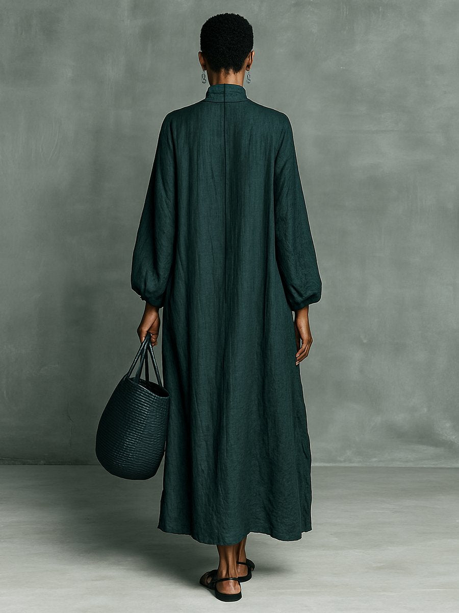 Women's Embroidered Mock-Neck Flowy Linen Long Sleeve Dress