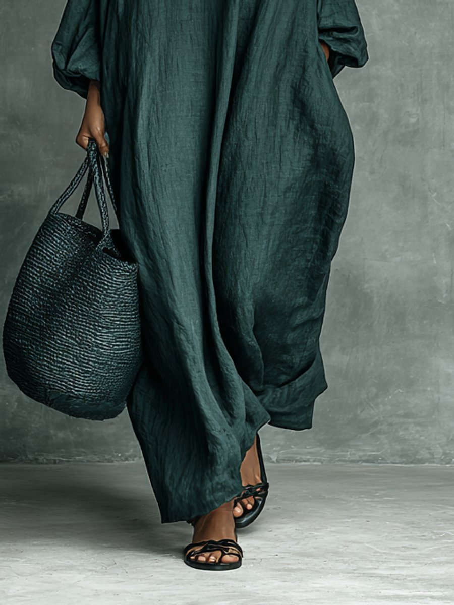 Women's Embroidered Mock-Neck Flowy Linen Long Sleeve Dress