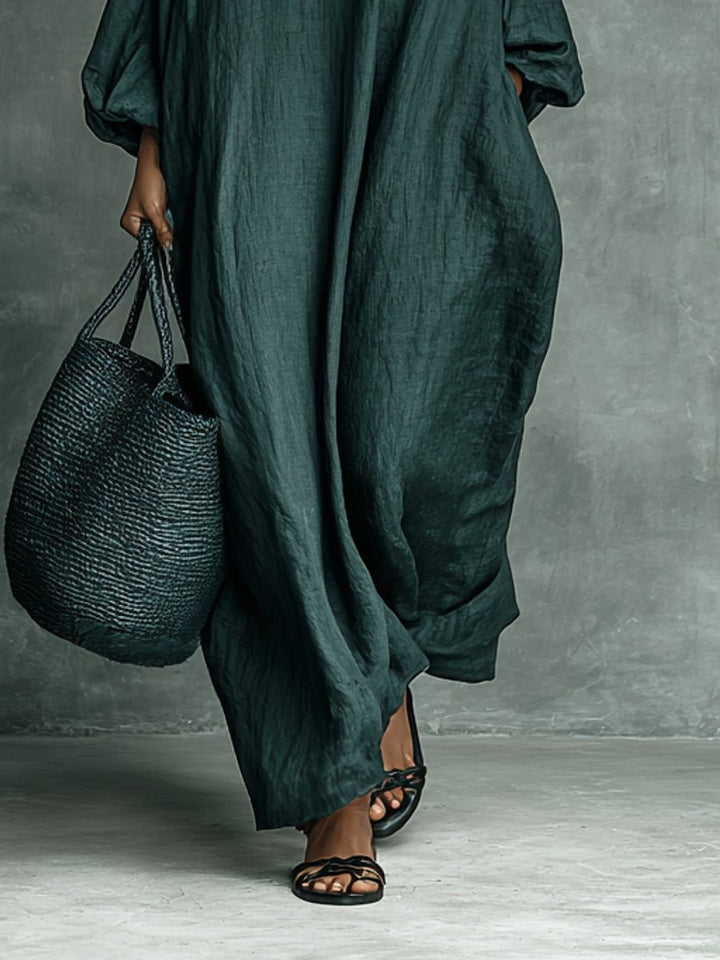 Women's Embroidered Mock-Neck Flowy Linen Long Sleeve Dress