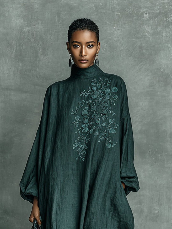Women's Embroidered Mock-Neck Flowy Linen Long Sleeve Dress
