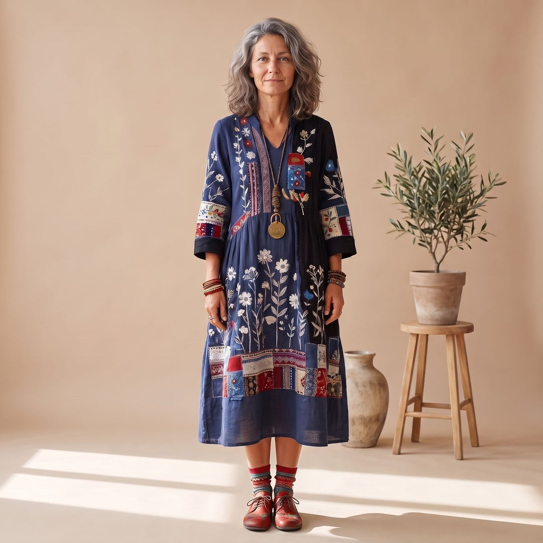 Women's Embroidered Patchwork Long Sleeve Midi Dress - Navy