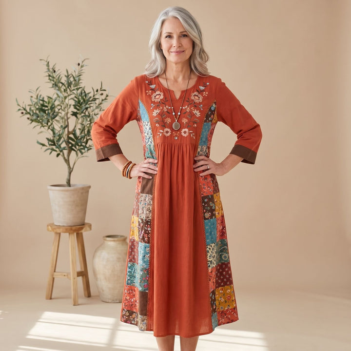 Women's Embroidered Patchwork Long Sleeve Midi Dress - Orange