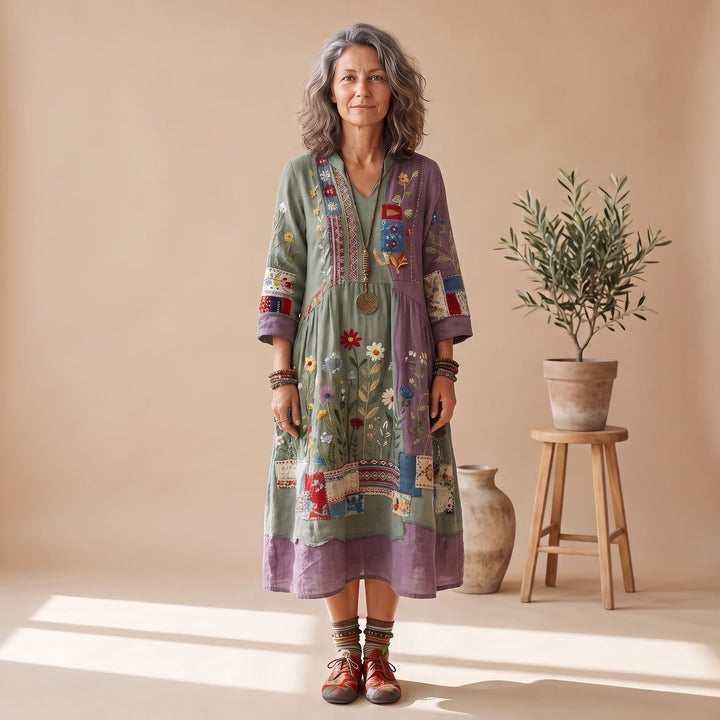 Women's Embroidered Patchwork Long Sleeve Midi Dress - Green