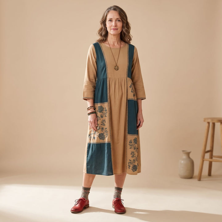 Women's Embroidered Patchwork Long Sleeve Midi Dress - Apricot