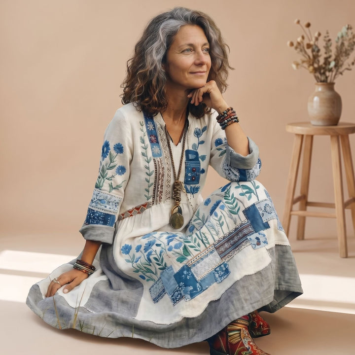 Women's Embroidered Patchwork Long Sleeve Midi Dress - White