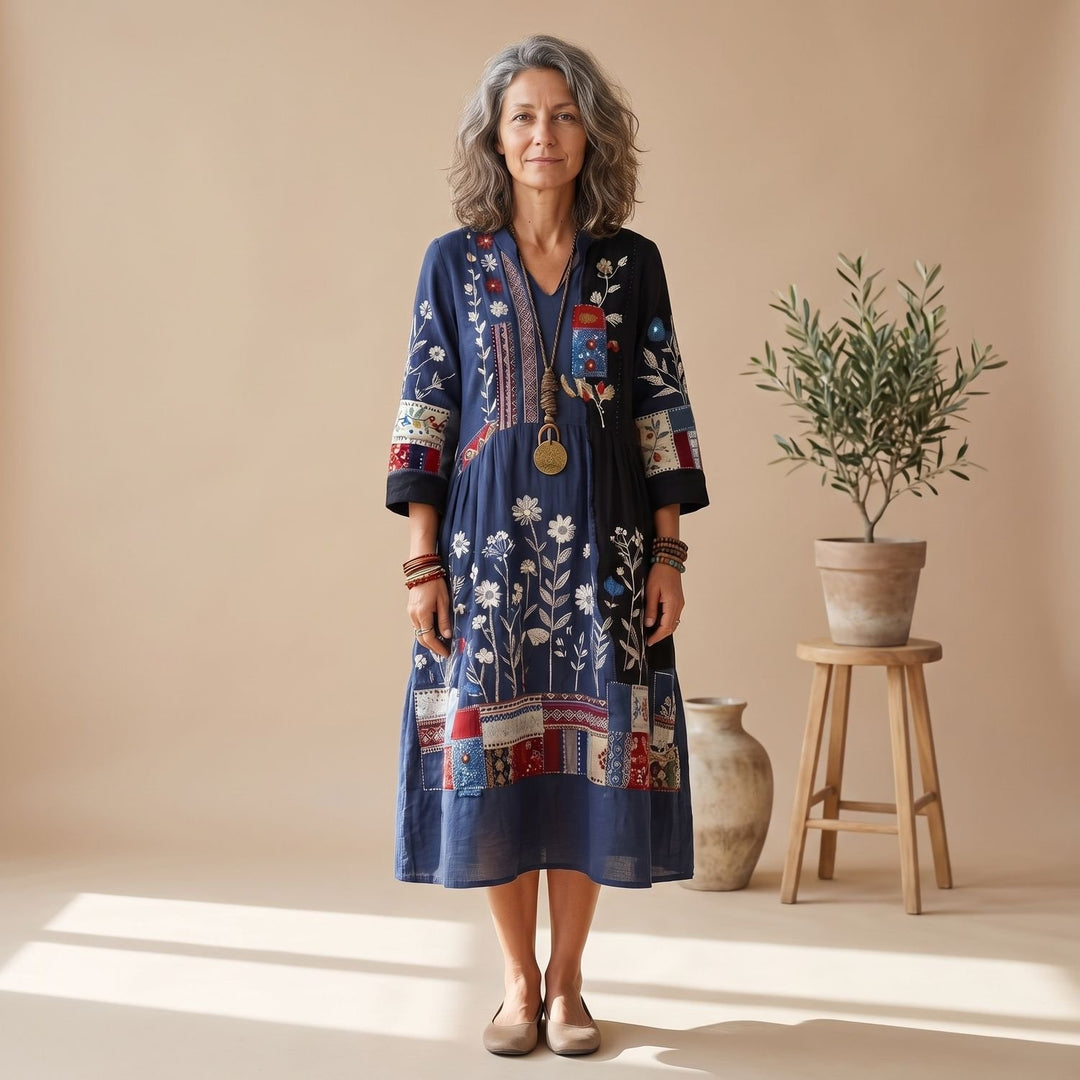 Women's Embroidered Patchwork Long Sleeve Midi Dress