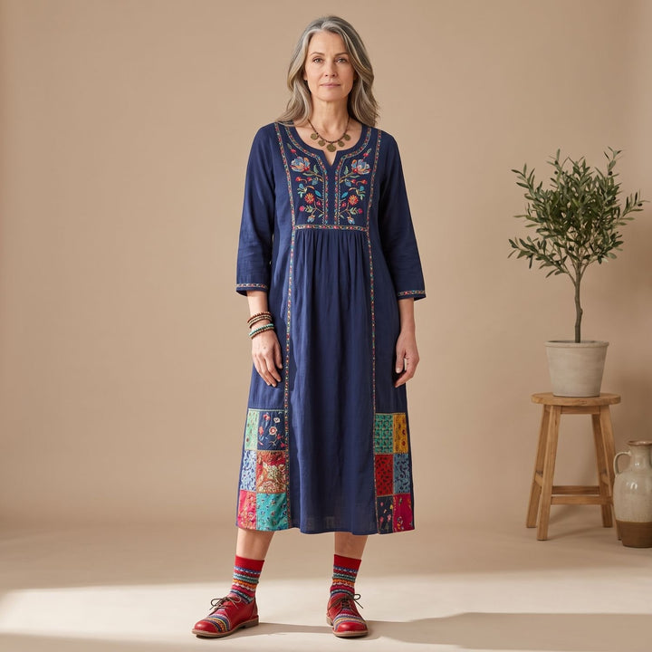 Women's Embroidered Patchwork Long Sleeve Midi Dress