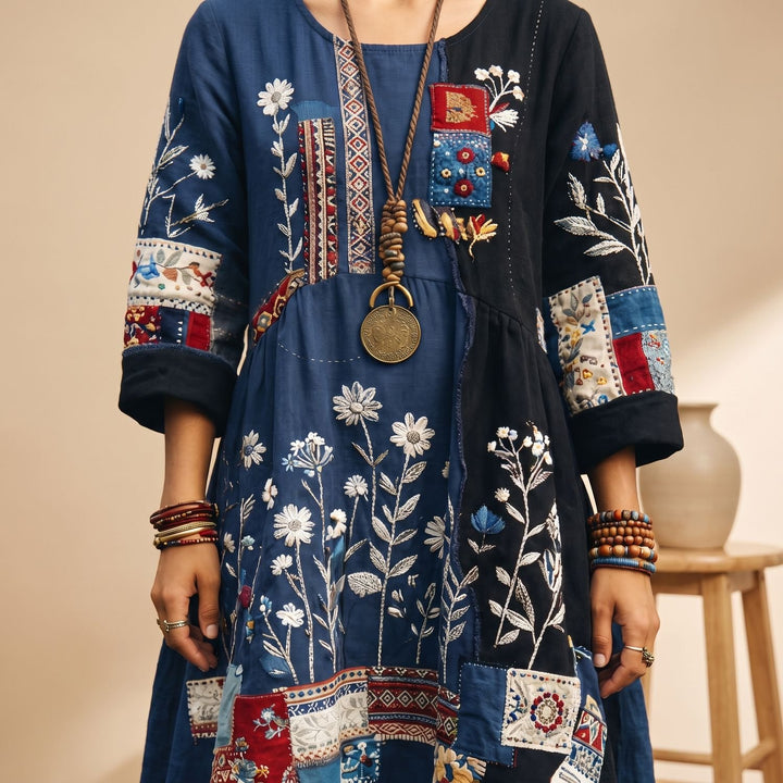 Women's Embroidered Patchwork Long Sleeve Midi Dress