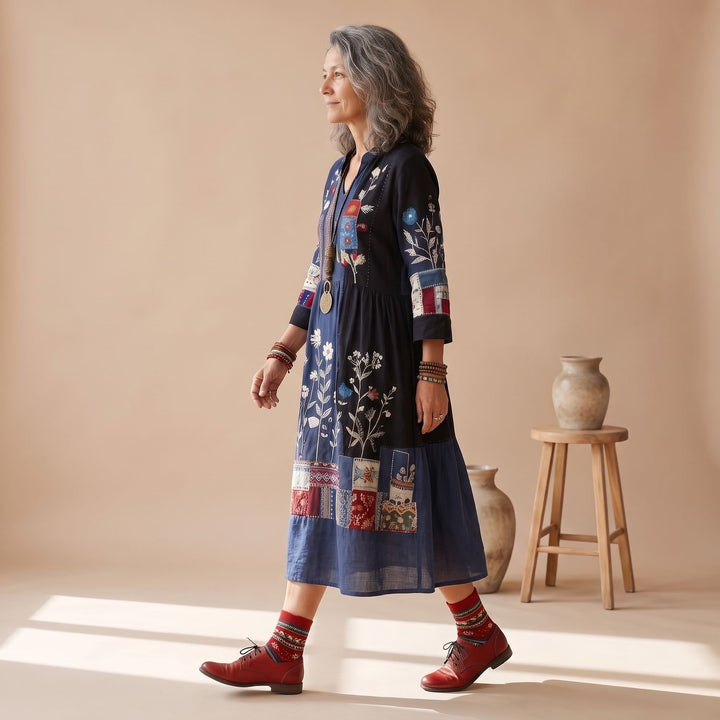 Women's Embroidered Patchwork Long Sleeve Midi Dress