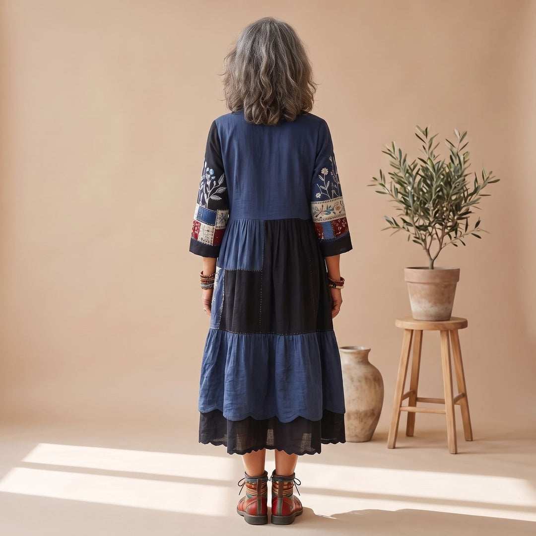 Women's Embroidered Patchwork Long Sleeve Midi Dress