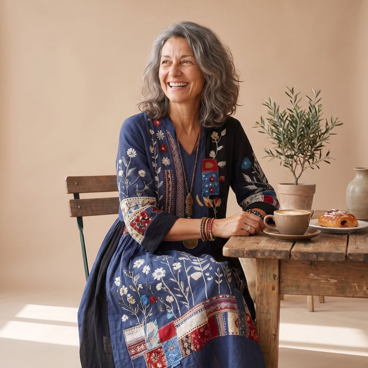 Women's Embroidered Patchwork Long Sleeve Midi Dress
