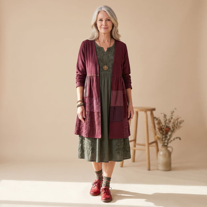 Women's Embroidered Patchwork Long Sleeve Midi Dress - Purple