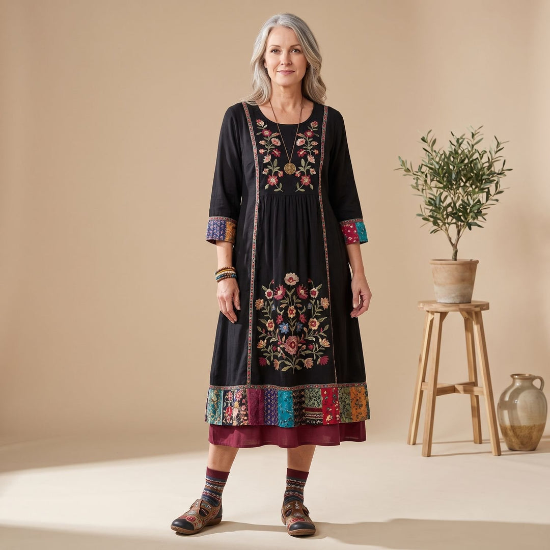 Women's Embroidered Patchwork Long Sleeve Midi Dress - Black