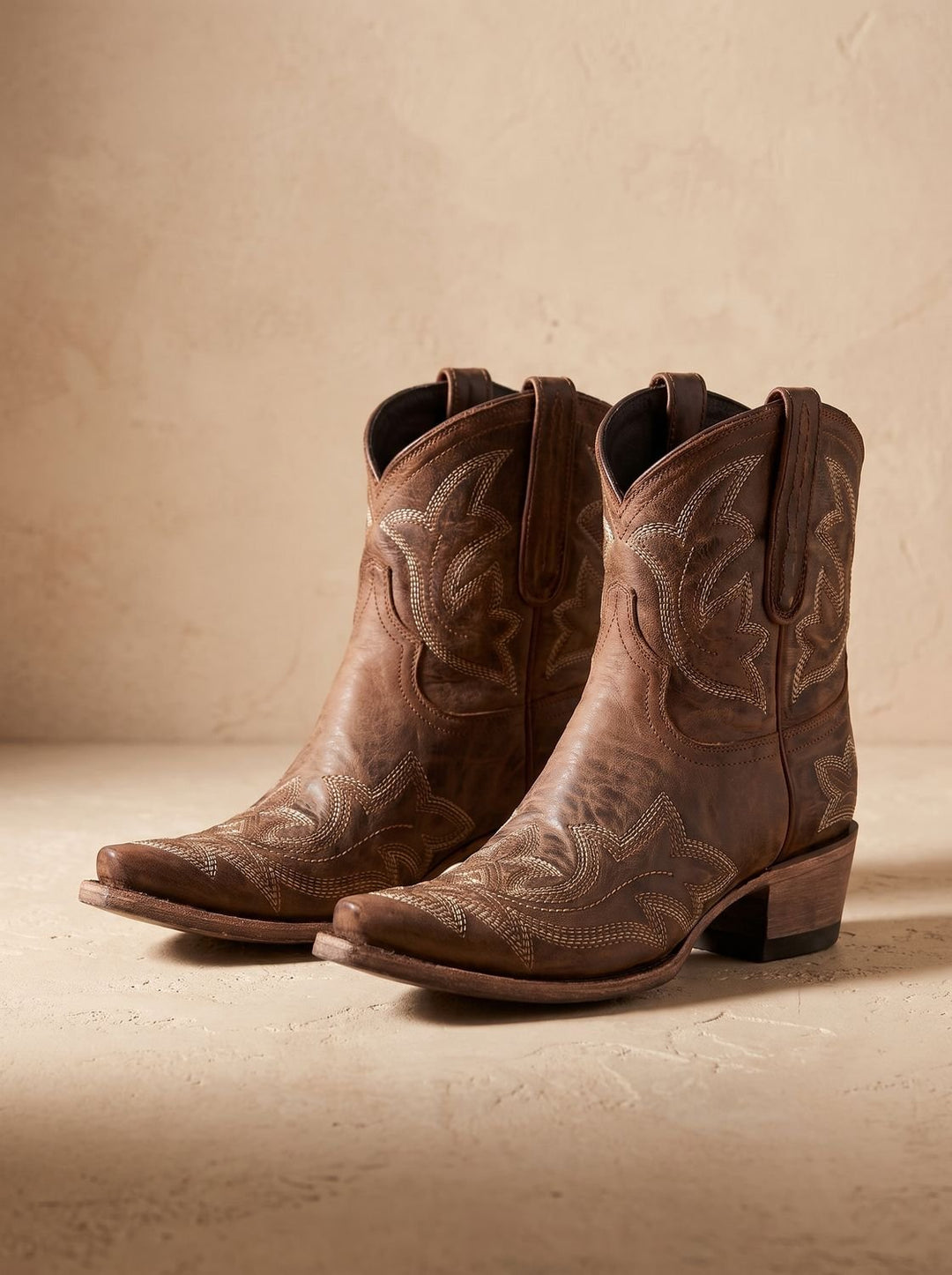 Women's Embroidered Western Cowboy Ankle Boots Block Heel - Brown