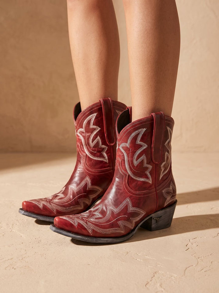 Women's Embroidered Western Cowboy Ankle Boots Block Heel - Red