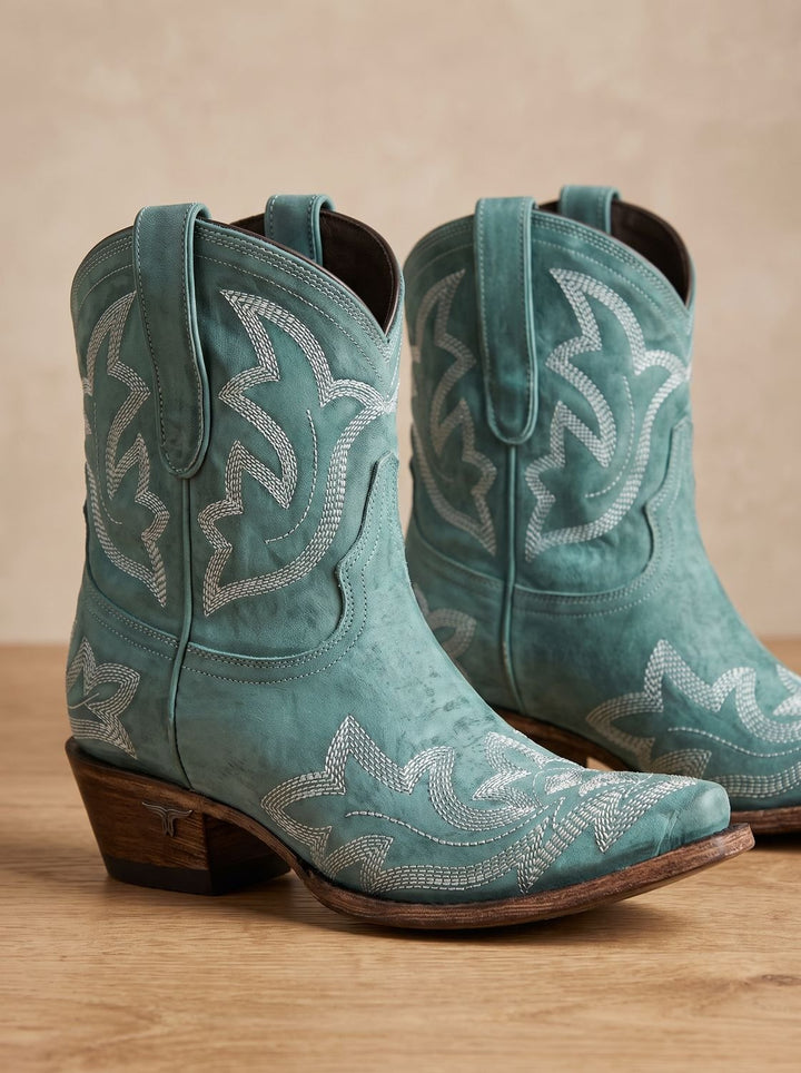 Women's Embroidered Western Cowboy Ankle Boots Block Heel - Green