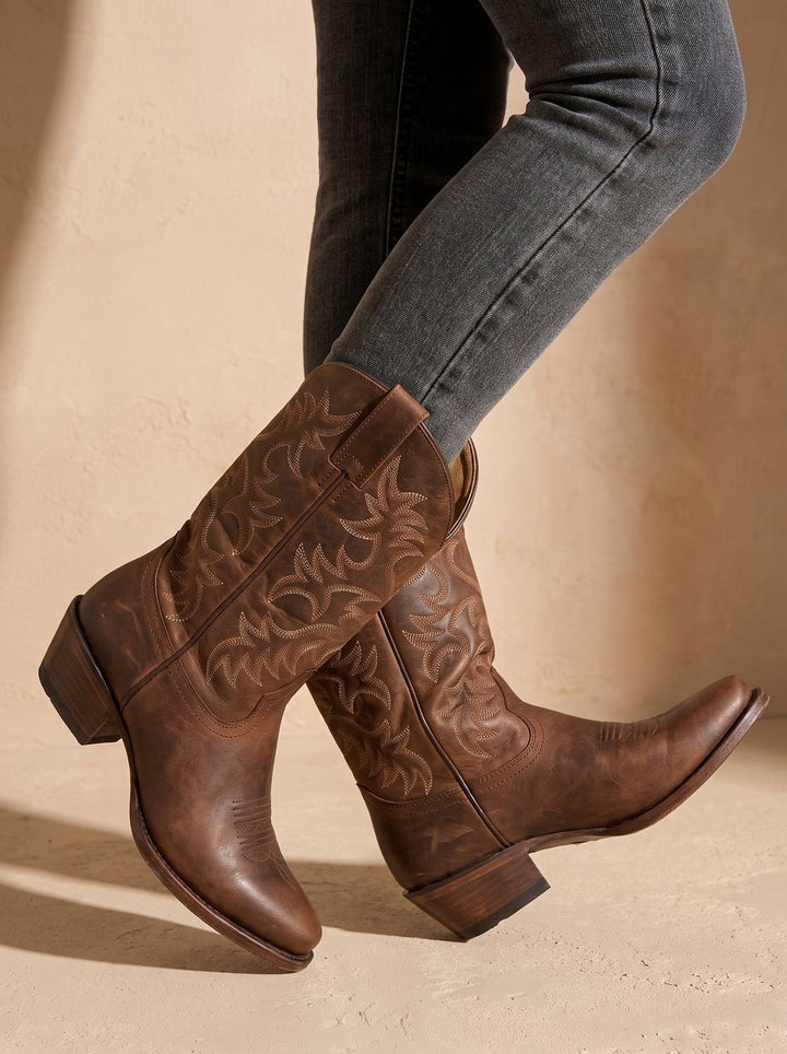 Women's Embroidered Western Cowboy Mid-Calf Block Heel Boots - Brown