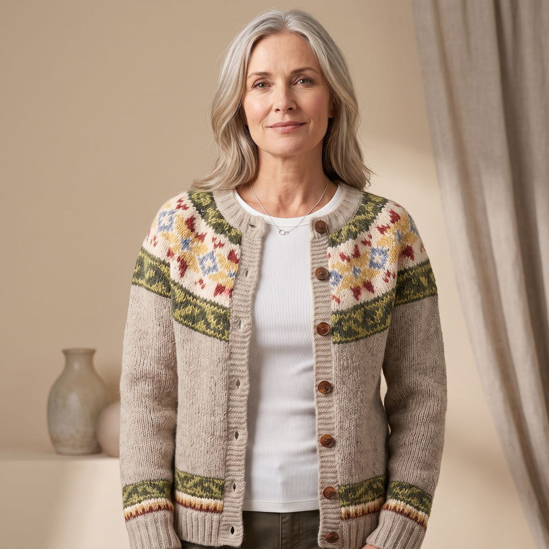 Women's Fair Isle Button-Front Knit Cardigan Sweater, Beige