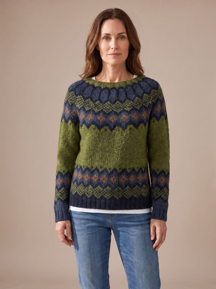Women's Fair Isle Knit Long-Sleeve Crew-Neck Pullover Sweater - Green