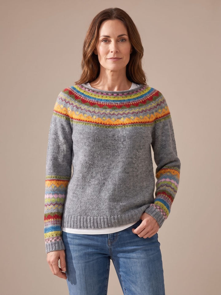Women's Fair Isle Knit Long-Sleeve Crew-Neck Pullover Sweater - Gray Orange