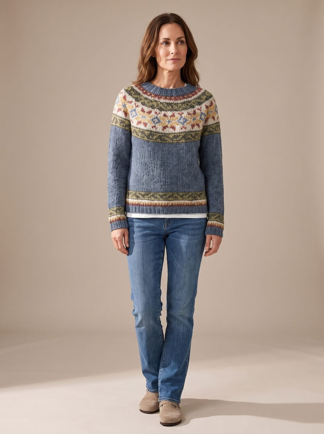 Women's Fair Isle Knit Long-Sleeve Crew-Neck Pullover Sweater - Blue